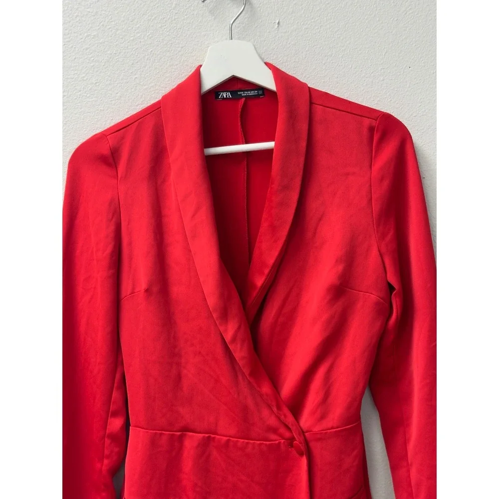 Zara Blazer Romper Womens XS Red Shawl Lapel Long Sleeve Playsuit Chic - Picture 4 of 10